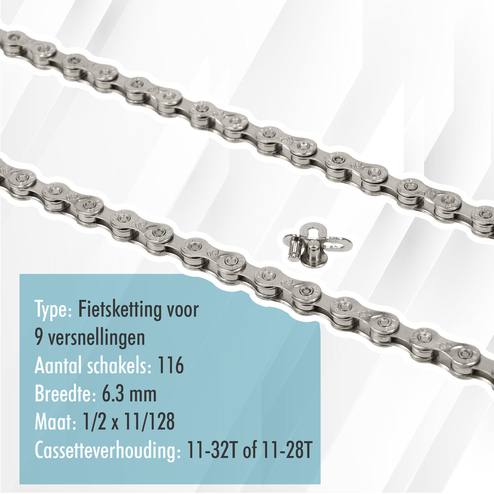 Discountershop Bicycle Chain 9 Speed ​​- 116 Links - Connecting Link Included - Size 1/2 x 11/128 Inch - 6.3 mm