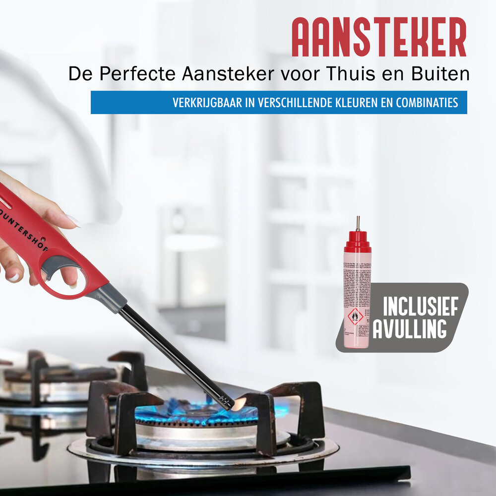 Discountershop BBQ Aansteker en Navulbare Aansteker - Metaal/Kunststof, Rode Kleur, 4cm x 26.5cm Discountershop BBQ Aansteker en Navulbare Aansteker - Metaal/Kunststof, Rode Kleur, 4cm x 26.5cm