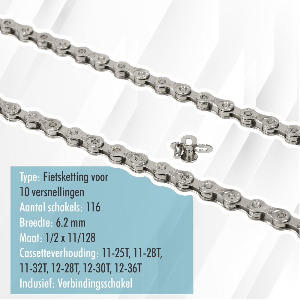 Discountershop 10-Speed Bicycle Chain - 116 Links 6.2 mm - Connecting Link Included - Size 1/2 x 11/128 Discountershop 10-Speed Bicycle Chain - 116 Links 6.2 mm - Connecting Link Included - Size 1/2 x 11/128