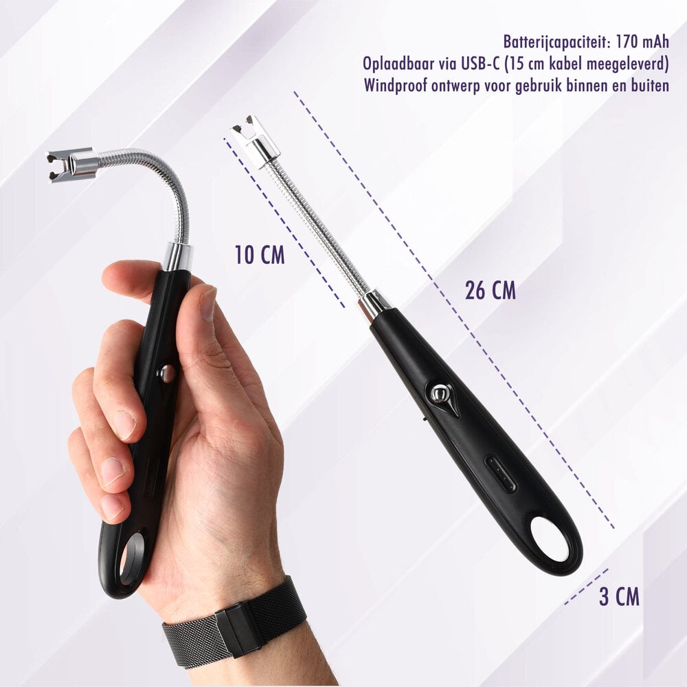 Discountershop Plasma Lighter - Electric USB-C Lighter - Windproof BBQ & Candles - Flexible Black - USB Rechargeable - 24cm Long