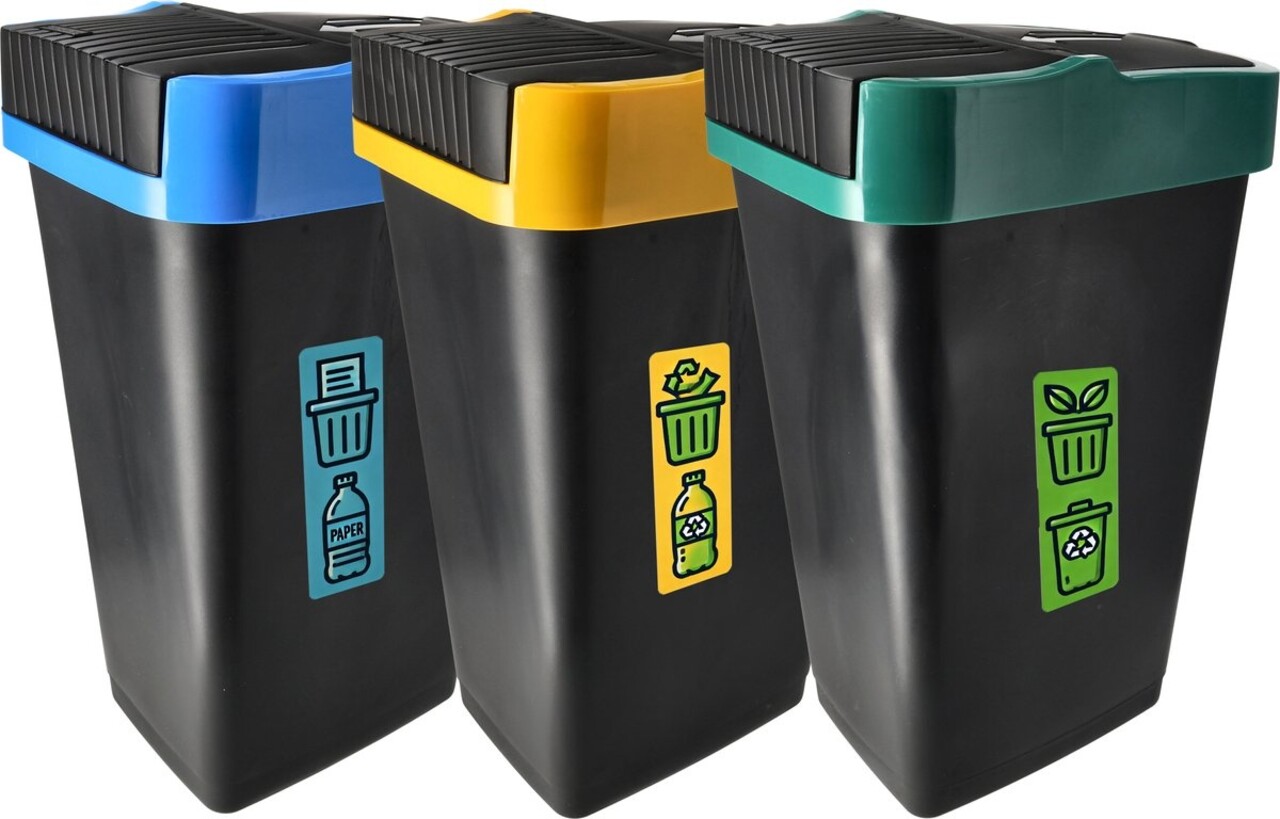 Discountershop Trash Bin Set of 3 - 18L Waste Separation Bins with Swing Lid - Black - 42x22x16 cm - Ideal for Waste Management Discountershop Trash Bin Set of 3 - 18L Waste Separation Bins with Swing Lid - Black - 42x22x16 cm - Ideal for Waste Management