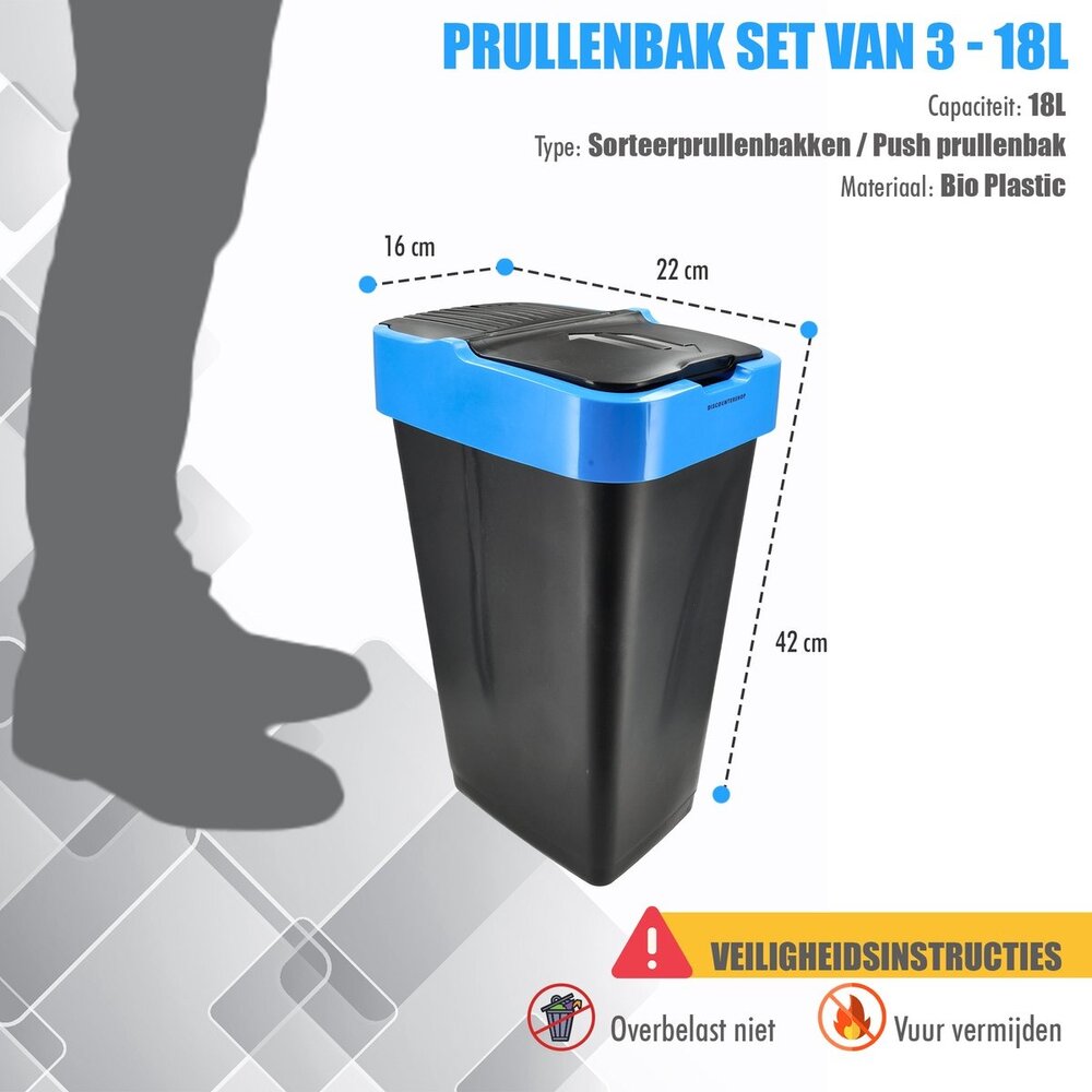 Discountershop Trash Bin Set of 3 - 18L Waste Separation Bins with Swing Lid - Black - 42x22x16 cm - Ideal for Waste Management Discountershop Trash Bin Set of 3 - 18L Waste Separation Bins with Swing Lid - Black - 42x22x16 cm - Ideal for Waste Management