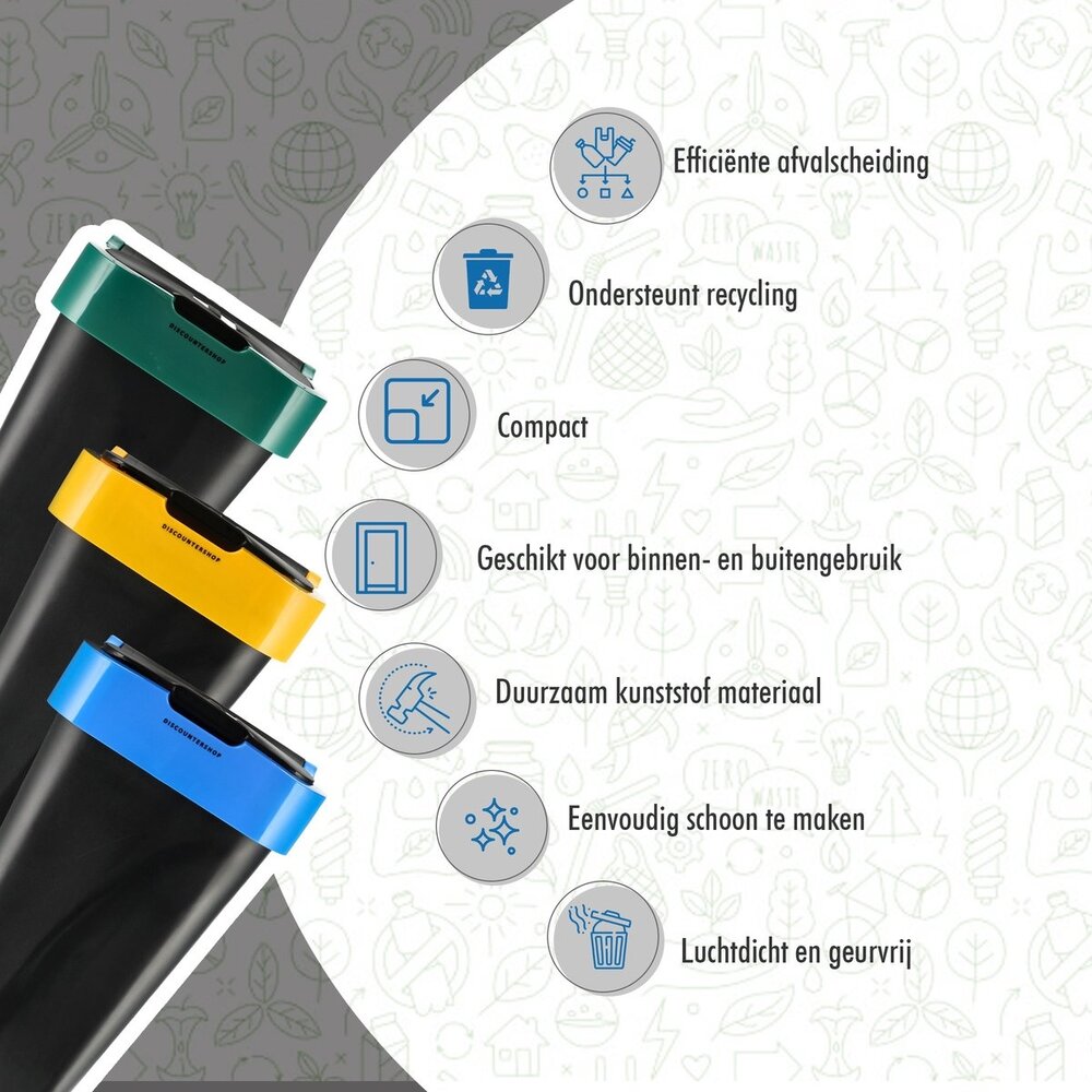 Discountershop Prullenbak set van 3 - 18L Afvalscheidingsbakken met schommeldeksel - Zwart - 42x22x16 cm - Ideaal voor Afvalbeheer