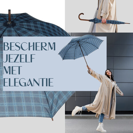 Discountershop Strong Folding Umbrella with Tartan | Windproof Umbrella with Wooden Handle | Compact and Durable | 105cm Diameter | Ideal for Daily Use and Special Occasions