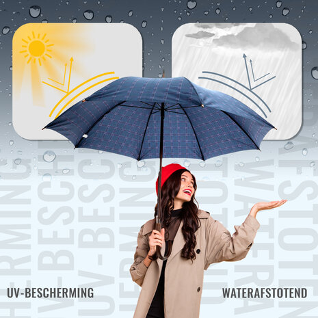 Discountershop Dark Blue Strong Folding Umbrella with Tartan Check | Windproof Umbrella with Wooden Hook | Compact & Durable | 105cm Diameter