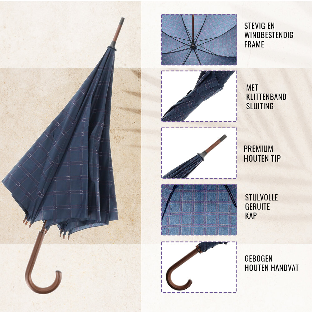 Discountershop Dark Blue Strong Folding Umbrella with Tartan Check | Windproof Umbrella with Wooden Hook | Compact & Durable | 105cm Diameter