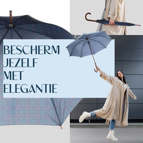 Discountershop Dark Blue Strong Folding Umbrella with Tartan Check | Windproof Umbrella with Wooden Hook | Compact & Durable | 105cm Diameter