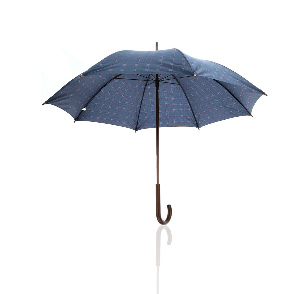 Discountershop Dark Blue Strong Folding Umbrella with Tartan Check | Windproof Umbrella with Wooden Hook | Compact & Durable | 105cm Diameter