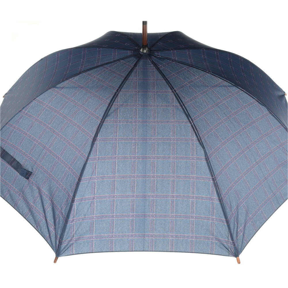 Discountershop Dark Blue Strong Folding Umbrella with Tartan Check | Windproof Umbrella with Wooden Hook | Compact & Durable | 105cm Diameter