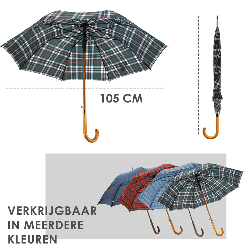 Discountershop Windproof Tartan Crook Umbrella - Green - Ø 105cm Umbrella with Wooden  J Handle - Classic Rain Umbrella