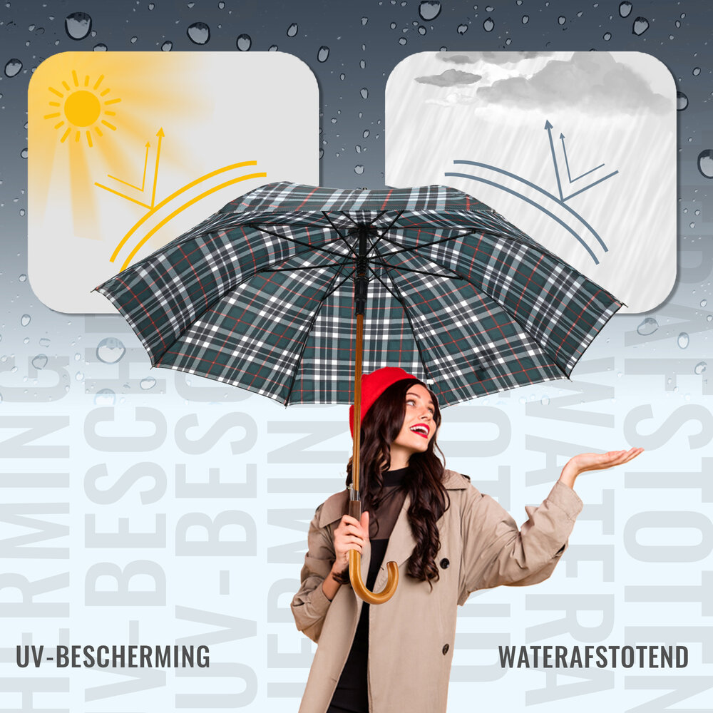 Discountershop Windproof Paraplu Geruit - Groen - Ø 105cm Paraplu met Houten Handvat - Klassieke Regenparaplu