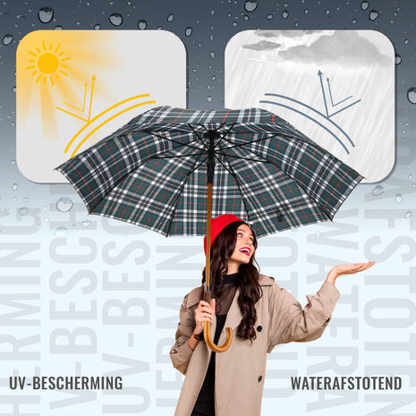 Discountershop Windproof Paraplu Geruit - Groen - Ø 105cm Paraplu met Houten Handvat - Klassieke Regenparaplu