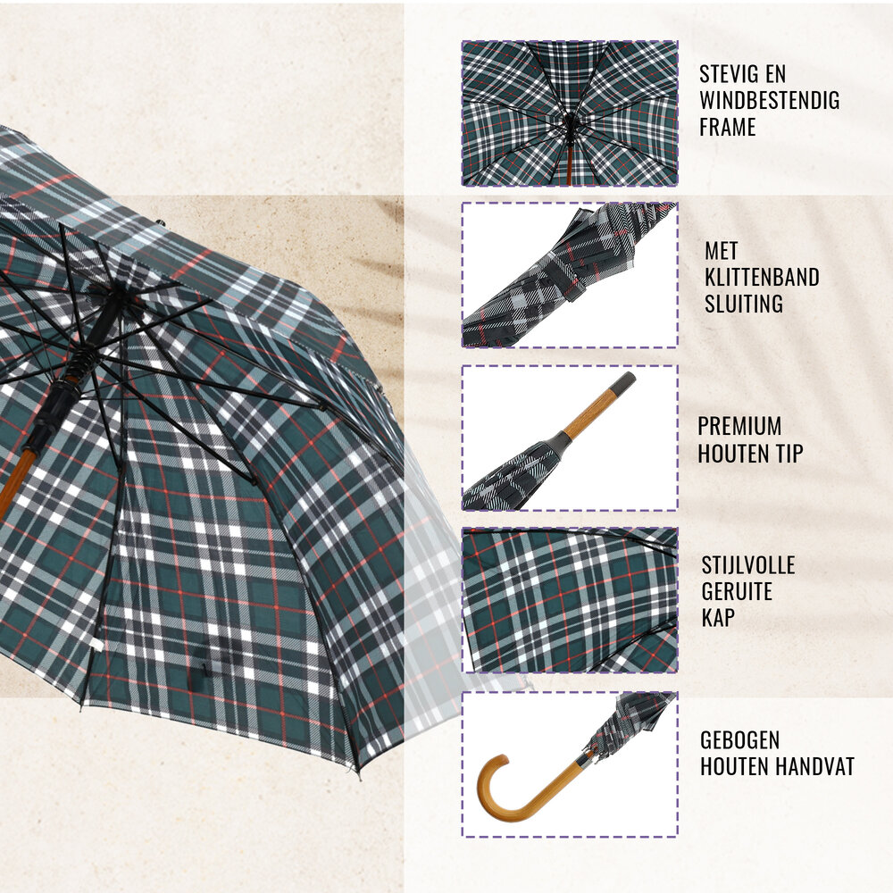 Discountershop Windproof Tartan Crook Umbrella - Green - Ø 105cm Umbrella with Wooden  J Handle - Classic Rain Umbrella