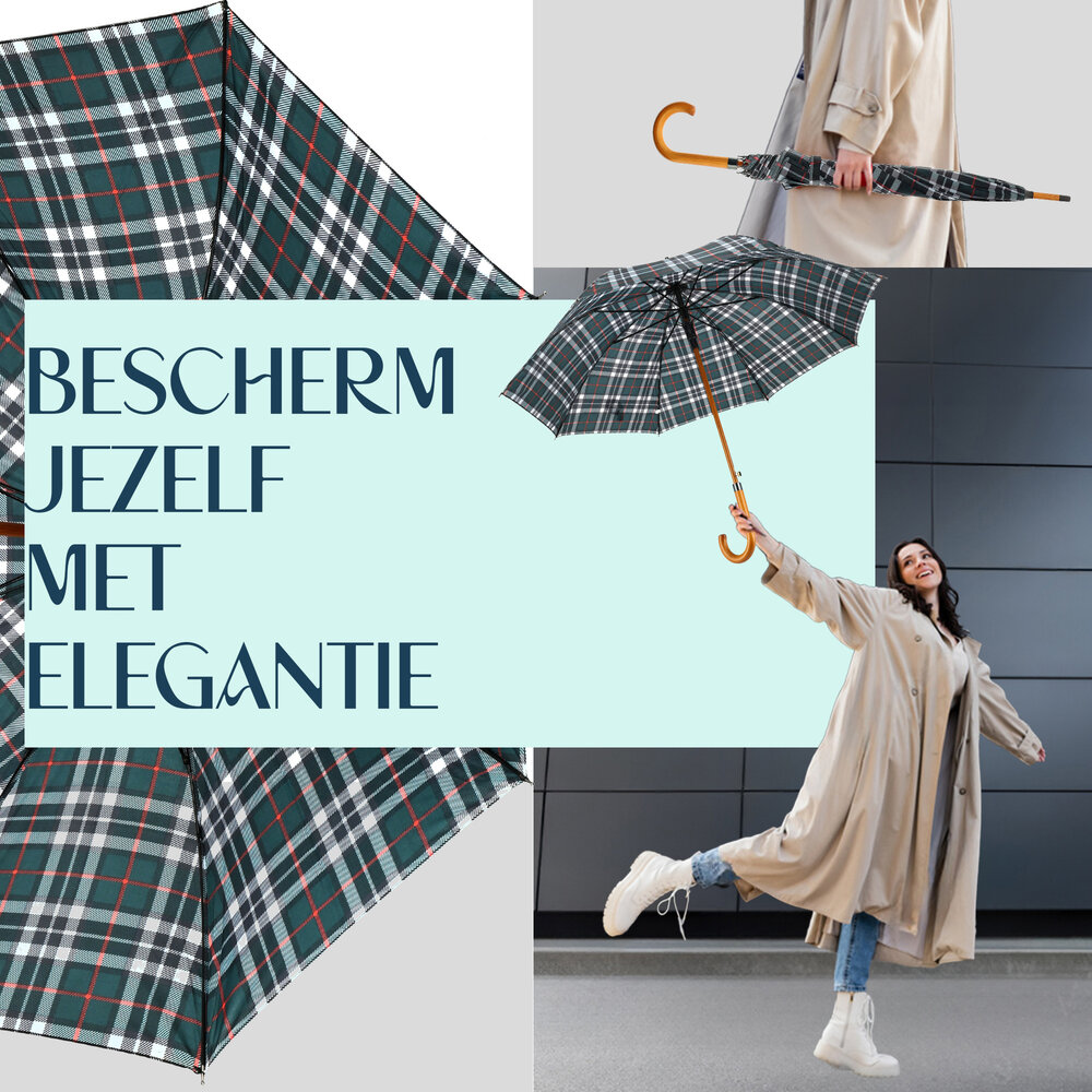 Discountershop Windproof Tartan Crook Umbrella - Green - Ø 105cm Umbrella with Wooden  J Handle - Classic Rain Umbrella