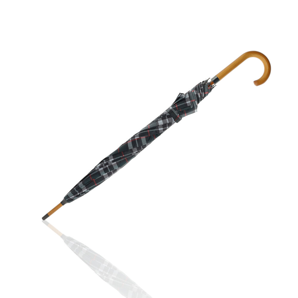 Discountershop Windproof Tartan Crook Umbrella - Green - Ø 105cm Umbrella with Wooden  J Handle - Classic Rain Umbrella