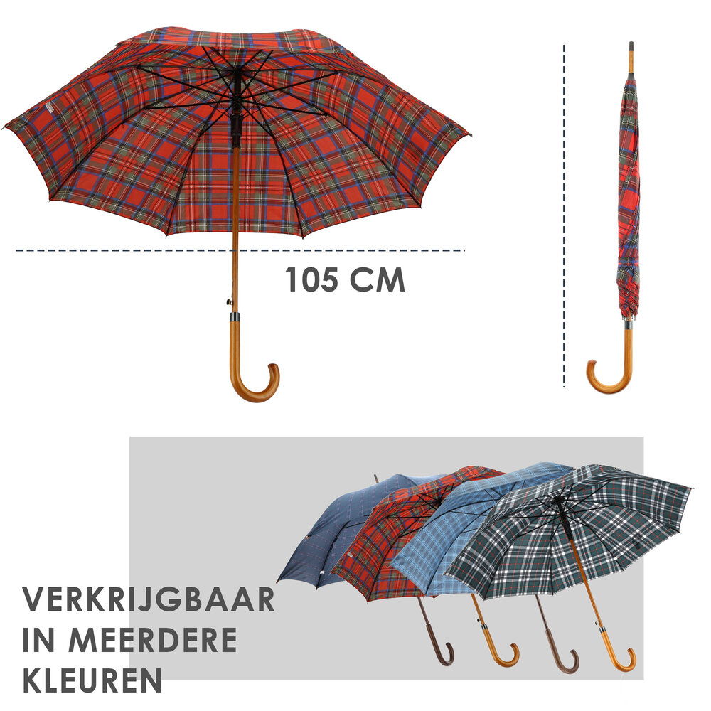 Discountershop Tartan Crook Umbrella - Red - Ø 105cm - Tartan Umbrella with Wooden Handle - Automatic Opening & Wind Resistant
