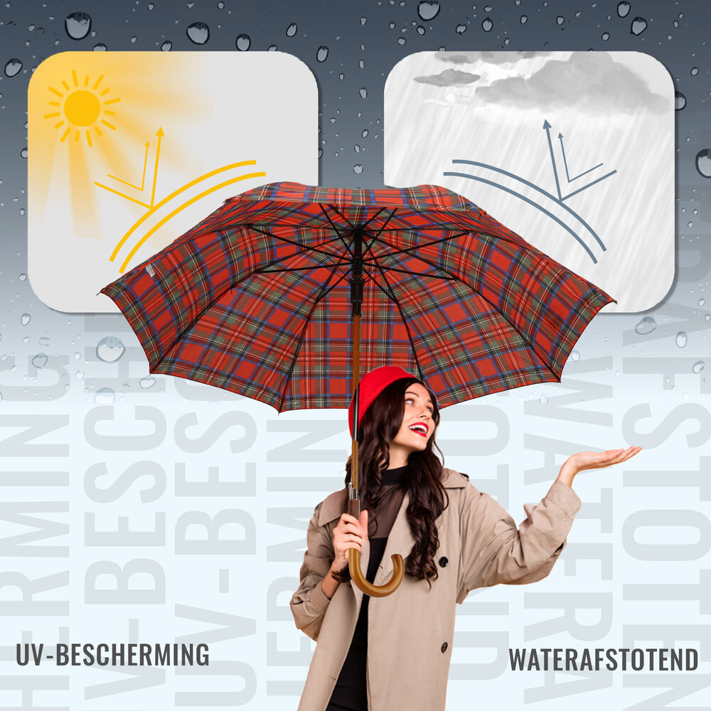 Discountershop Tartan Crook Umbrella - Red - Ø 105cm - Tartan Umbrella with Wooden Handle - Automatic Opening & Wind Resistant