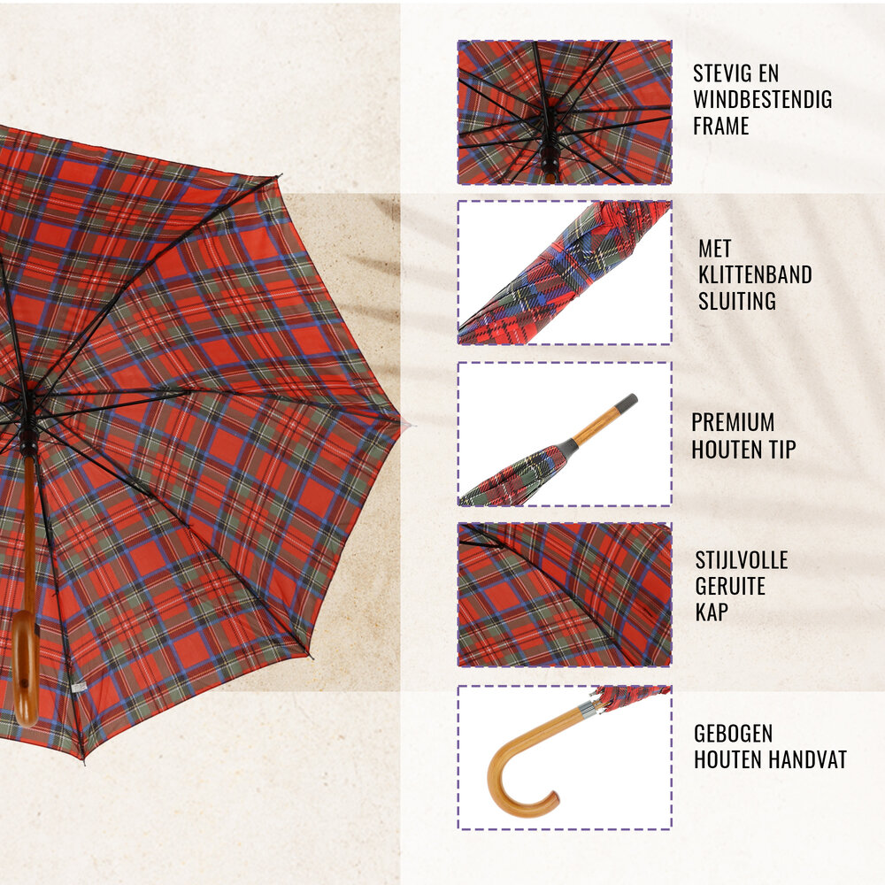 Discountershop Tartan Crook Umbrella - Red - Ø 105cm - Tartan Umbrella with Wooden Handle - Automatic Opening & Wind Resistant