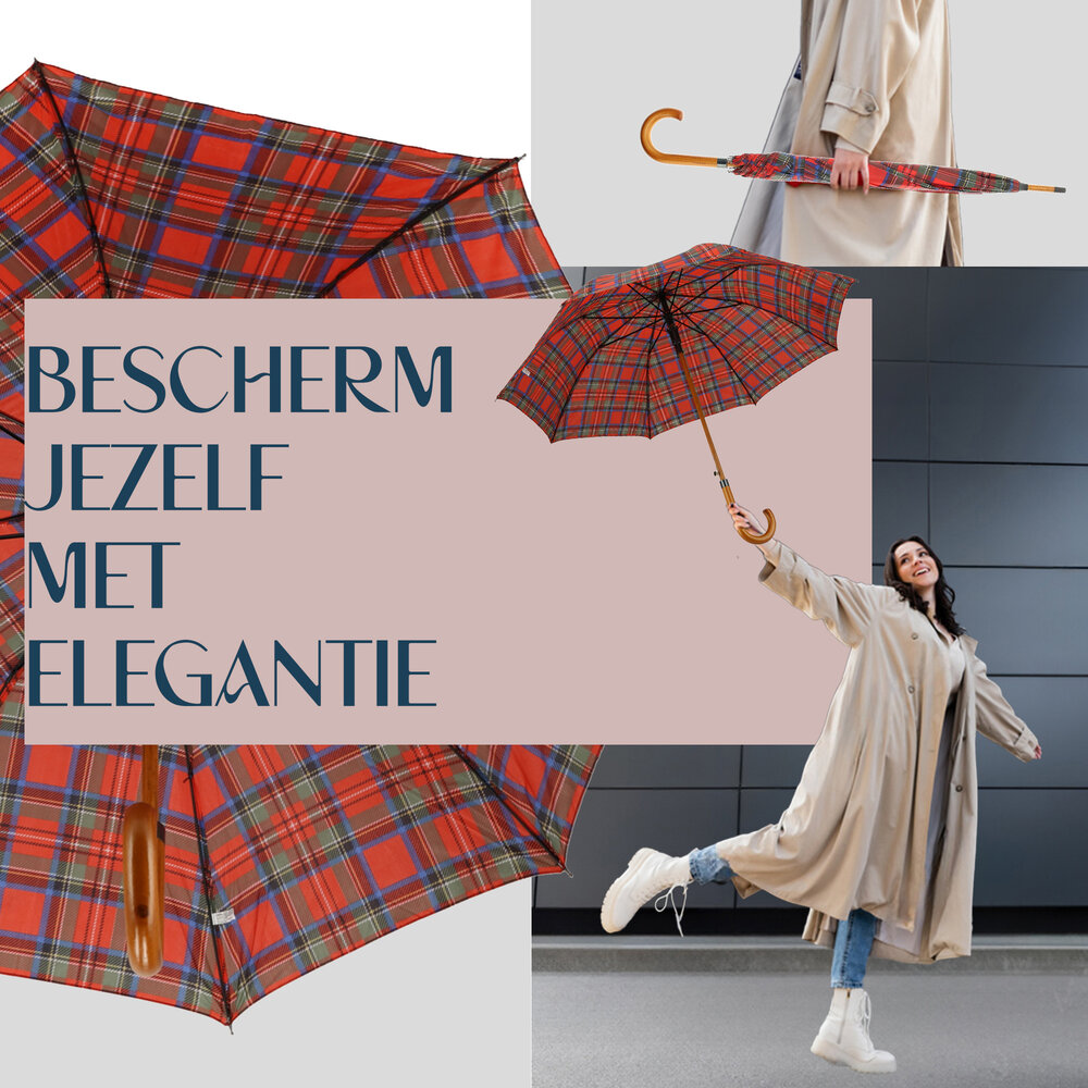 Discountershop Tartan Crook Umbrella - Red - Ø 105cm - Tartan Umbrella with Wooden Handle - Automatic Opening & Wind Resistant