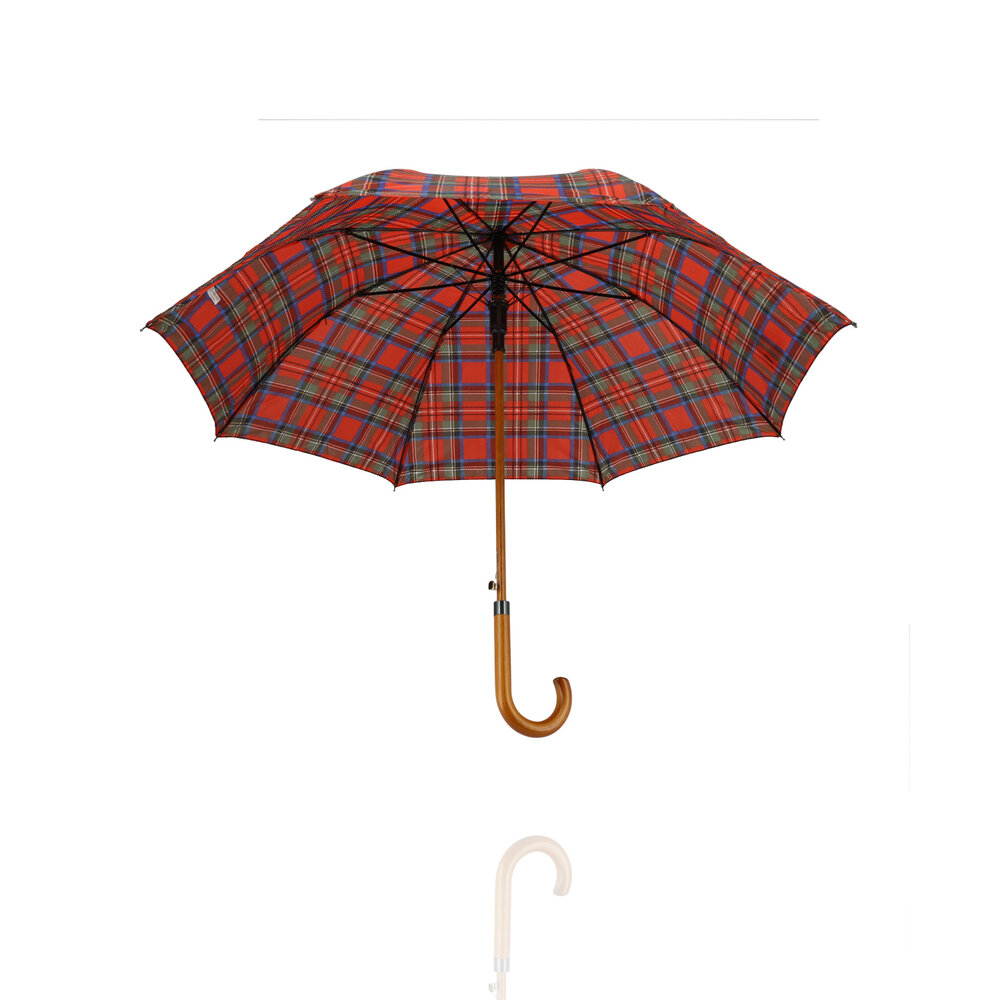 Discountershop Paraplu met Schotse Ruit - Rood - Ø 105cm - Tartan Paraplu met Houten Handvat - Automatische Openen & Windbestendig