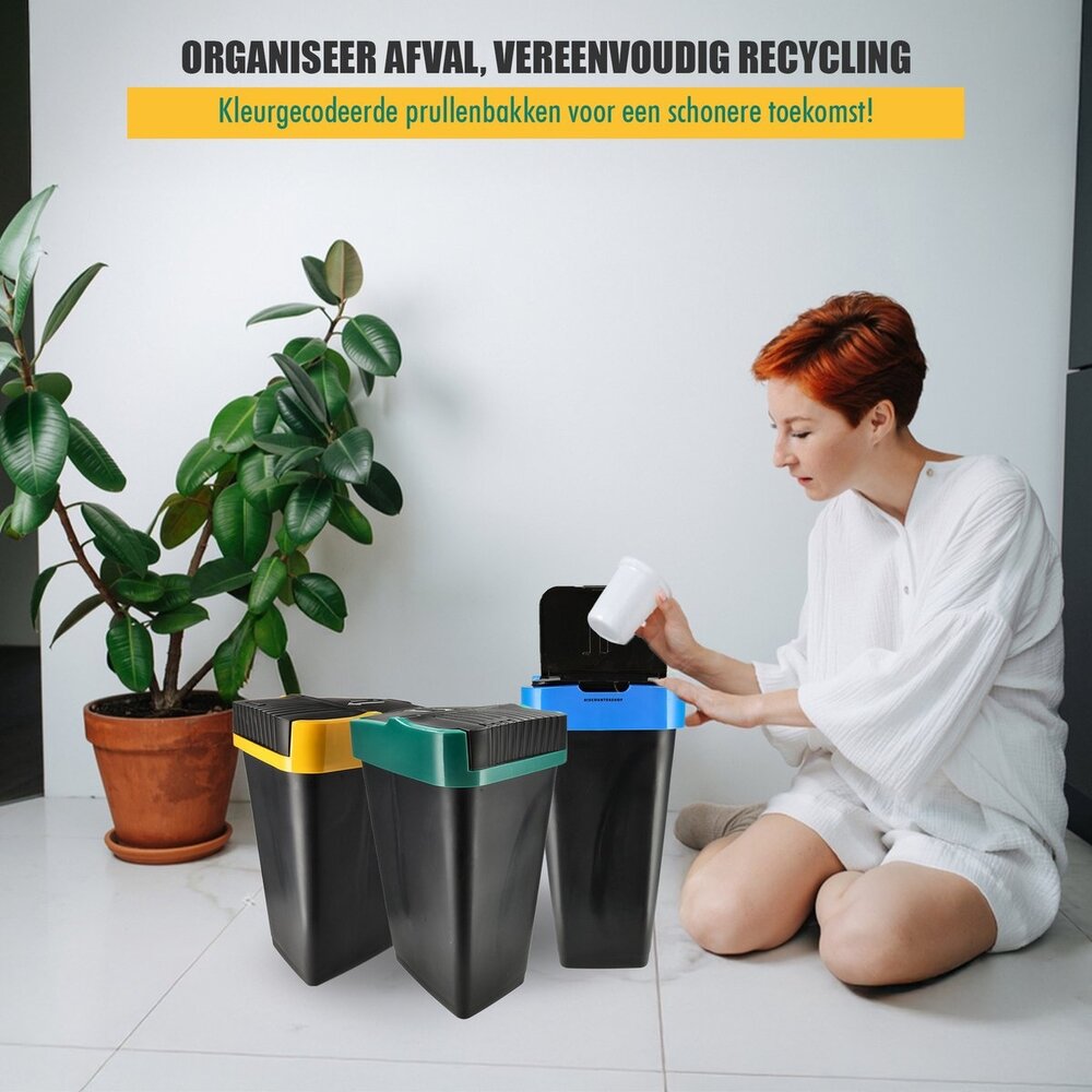 Discountershop Trash Bin Sorting Waste Bins 35L - 3-piece Waste Separation Bin with Swing Lid - Black Sorting Waste Bin