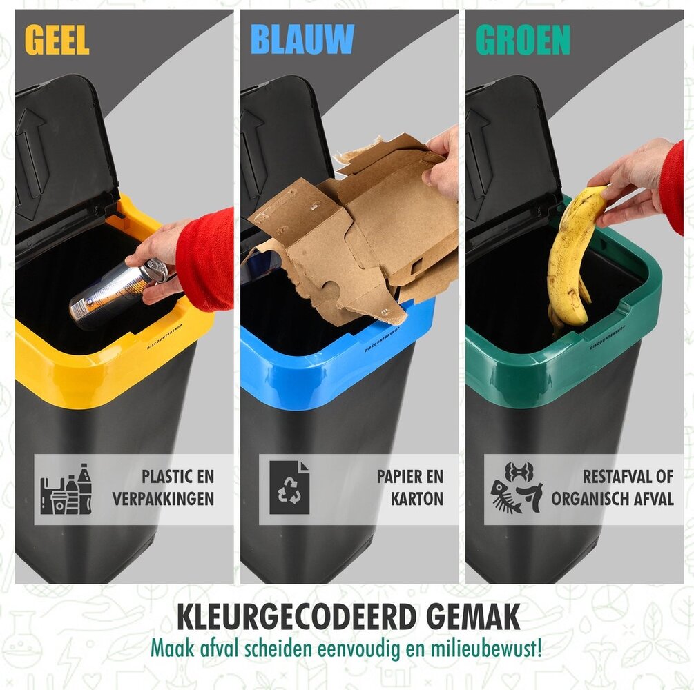 Discountershop Trash Bin Sorting Waste Bins 35L - 3-piece Waste Separation Bin with Swing Lid - Black Sorting Waste Bin