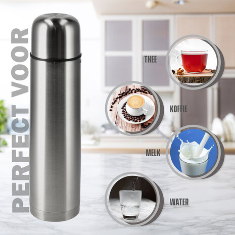 Discountershop Thermosfles 1 Liter – Babymelk Warm Houden – 8 uur Warm, 4 uur Koud – RVS Isoleerfles voor Babyvoeding, Koffie & Thee – Waterfilters en Drinkflessen - Dubbelwandige Thermosfles voor Kamperen en Outdoor