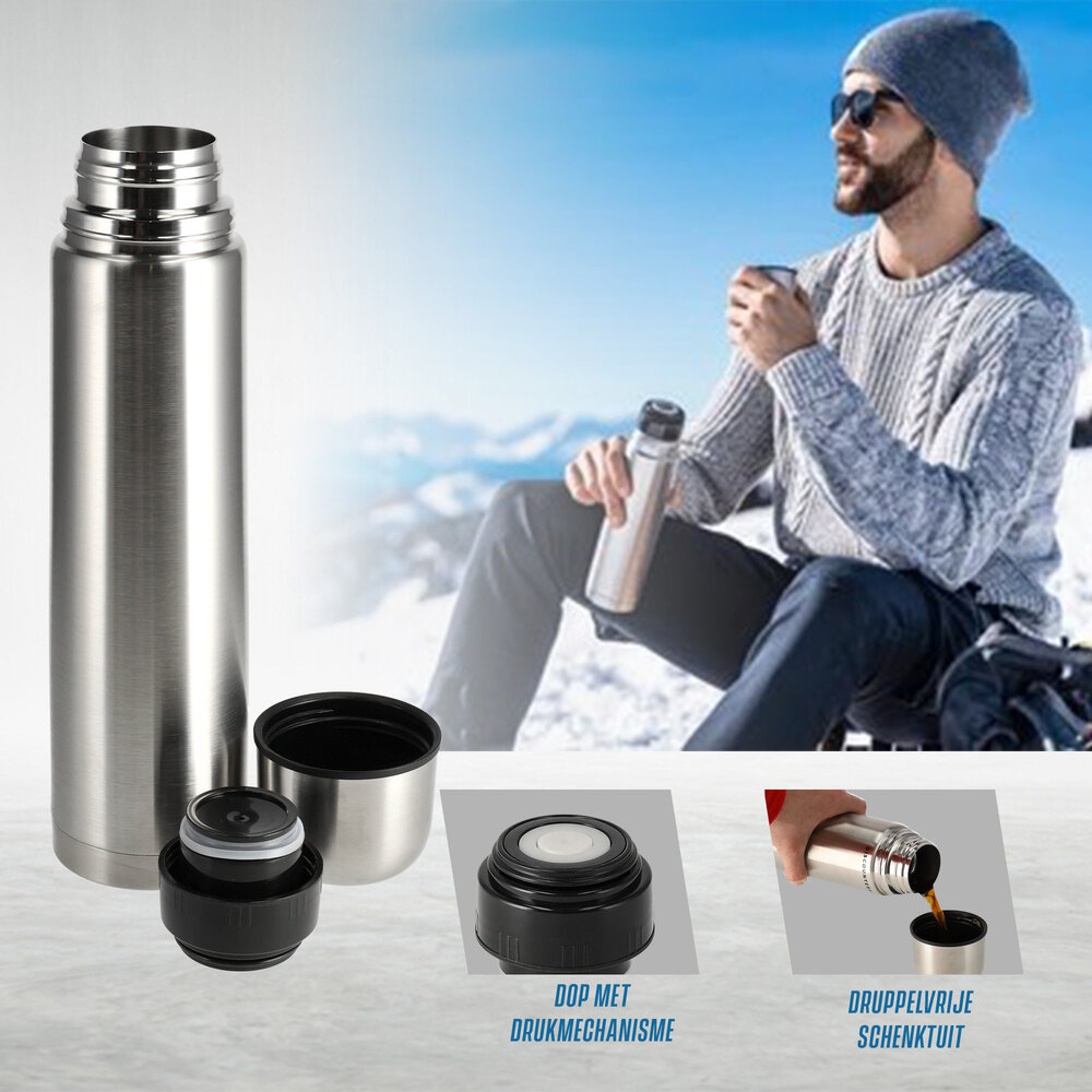 Discountershop 3-Delige RVS Thermosfles Set 1 Liter | Dubbelwandig, BPA-Vrij, Met Drinkbeker | Ideaal voor Reizen, Koffie, Soep, Thee en Dagelijks Gebruik
