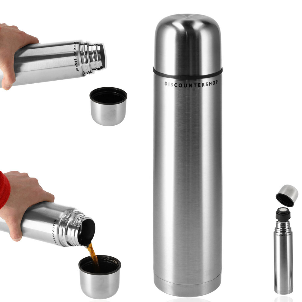 Discountershop 3-Delige RVS Thermosfles Set 1 Liter | Dubbelwandig, BPA-Vrij, Met Drinkbeker | Ideaal voor Reizen, Koffie, Soep, Thee en Dagelijks Gebruik