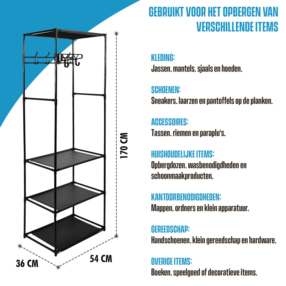 Discountershop Storage rack with coat rack 170x54x36cm | Shelving unit and Wall cabinet with Hooks - Ideal for Hallway, Hallway and Bedroom Discountershop Storage rack with coat rack 170x54x36cm | Shelving unit and Wall cabinet with Hooks - Ideal for Hallway, Hallway and Bedroom