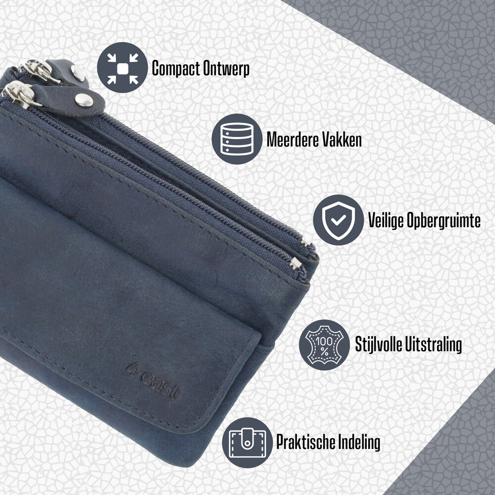 4 East 4East® Sleuteletui Portemonnee - Blauw | Leren Sleuteletui met Rits | RFID Pasjeshouder en Sleutel Organizer | Uniseks 4 East 4East® Sleuteletui Portemonnee - Blauw | Leren Sleuteletui met Rits | RFID Pasjeshouder en Sleutel Organizer | Uniseks