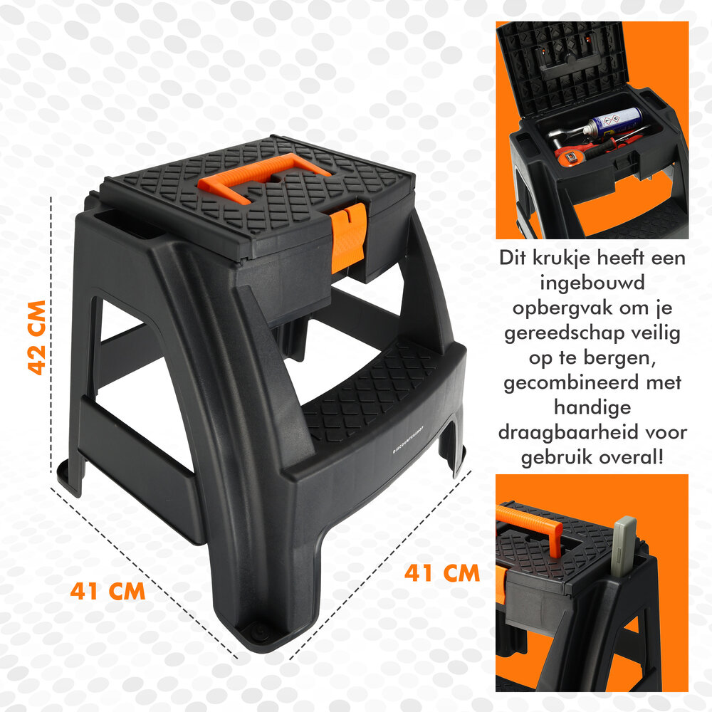 Discountershop Opstapkruk met Opbergvak - Zwart/Oranje - Antislip, Handgreep, 120 kg - Keukenkruk, Trapje voor Caravan, Camper, Huis & Magazijn Discountershop Opstapkruk met Opbergvak - Zwart/Oranje - Antislip, Handgreep, 120 kg - Keukenkruk, Trapje voor Caravan, Camper, Huis & Magazijn