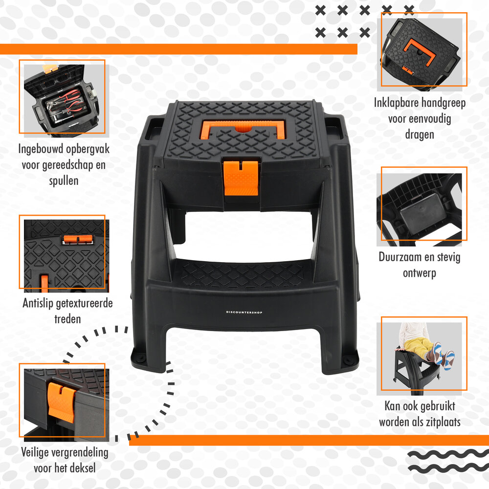 Discountershop Step Stool with Storage Compartment - Black/Orange - Non-slip, Handle, 120 kg - Kitchen Stool, Steps for Caravan, Camper, Home & Warehouse Discountershop Step Stool with Storage Compartment - Black/Orange - Non-slip, Handle, 120 kg - Kitchen Stool, Steps for Caravan, Camper, Home & Warehouse