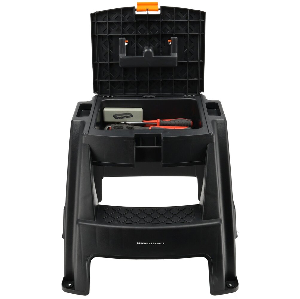 Discountershop Opstapkruk met Opbergvak - Zwart/Oranje - Antislip, Handgreep, 120 kg - Keukenkruk, Trapje voor Caravan, Camper, Huis & Magazijn Discountershop Opstapkruk met Opbergvak - Zwart/Oranje - Antislip, Handgreep, 120 kg - Keukenkruk, Trapje voor Caravan, Camper, Huis & Magazijn