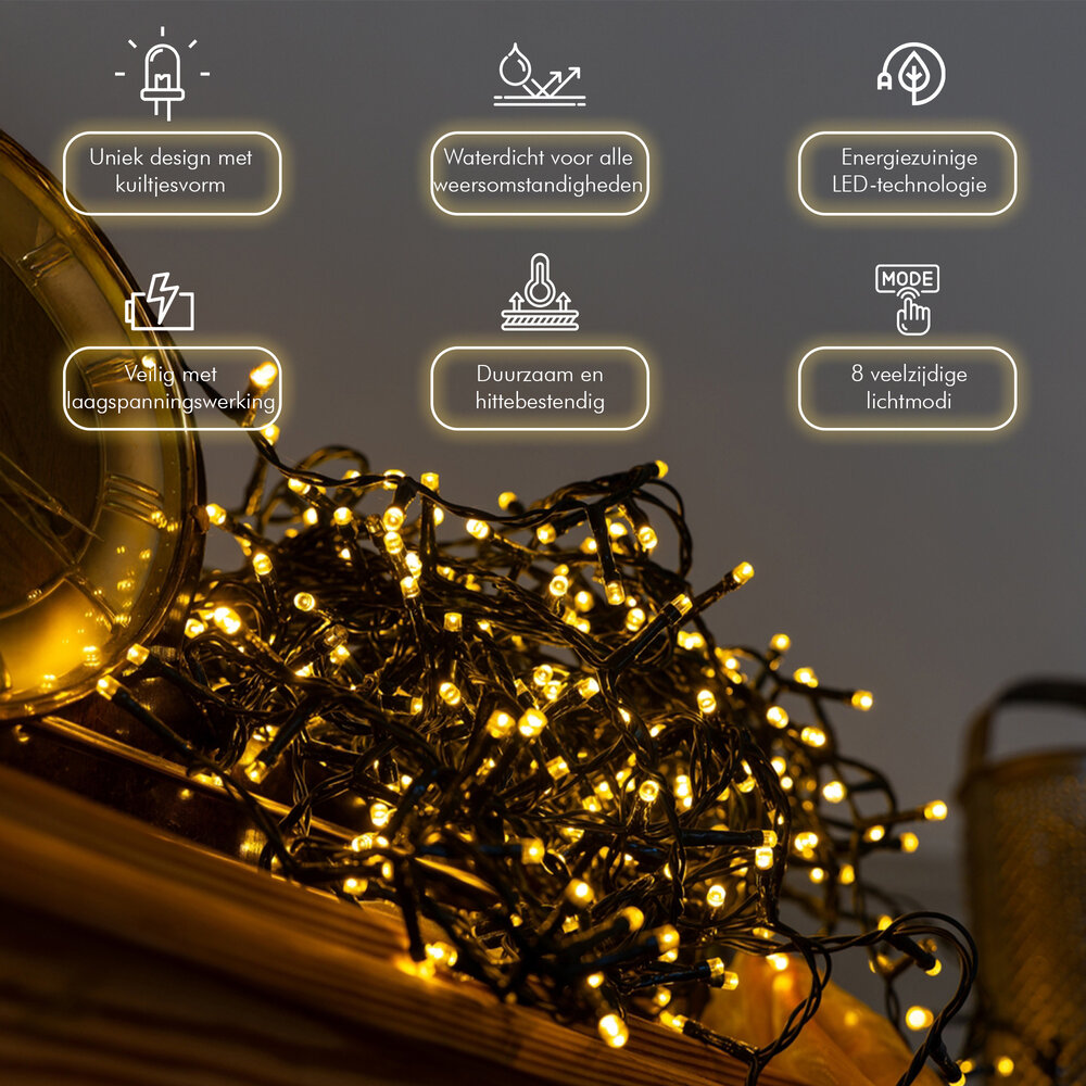 Discountershop Kerstverlichting | Clusterverlichting 576 LED Warm Wit | Voor Binnen & Buiten | +8 Lichtfuncties Discountershop Kerstverlichting | Clusterverlichting 576 LED Warm Wit | Voor Binnen & Buiten | +8 Lichtfuncties
