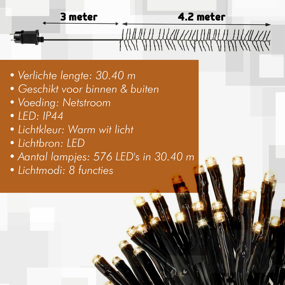 Discountershop Kerstverlichting | Clusterverlichting 576 LED Warm Wit | Voor Binnen & Buiten | +8 Lichtfuncties Discountershop Kerstverlichting | Clusterverlichting 576 LED Warm Wit | Voor Binnen & Buiten | +8 Lichtfuncties