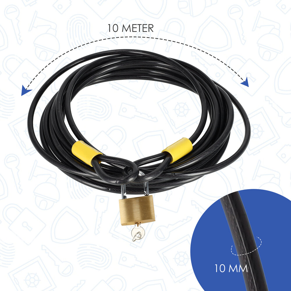 Discountershop Sturdy Black Terrace Cable with Padlock - Info Card and 2 Keys - Iron Cable Lock for Bicycles and More - Cable Lock 10 Meters Discountershop Sturdy Black Terrace Cable with Padlock - Info Card and 2 Keys - Iron Cable Lock for Bicycles and More - Cable Lock 10 Meters