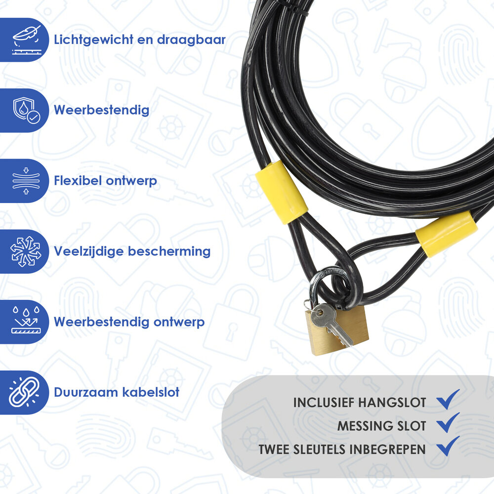 Discountershop Sturdy Black Terrace Cable with Padlock - Info Card and 2 Keys - Iron Cable Lock for Bicycles and More - Cable Lock 10 Meters Discountershop Sturdy Black Terrace Cable with Padlock - Info Card and 2 Keys - Iron Cable Lock for Bicycles and More - Cable Lock 10 Meters