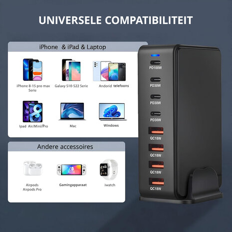 Discountershop Snellader 240W GaN III – 8-Poorts USB-C Oplaadstation | Fast Charger voor MacBook, iPhone 15, Samsung S24 | PD Charger | USB Hub met Voeding & Snelladen Discountershop Snellader 240W GaN III – 8-Poorts USB-C Oplaadstation | Fast Charger voor MacBook, iPhone 15, Samsung S24 | PD Charger | USB Hub met Voeding & Snelladen