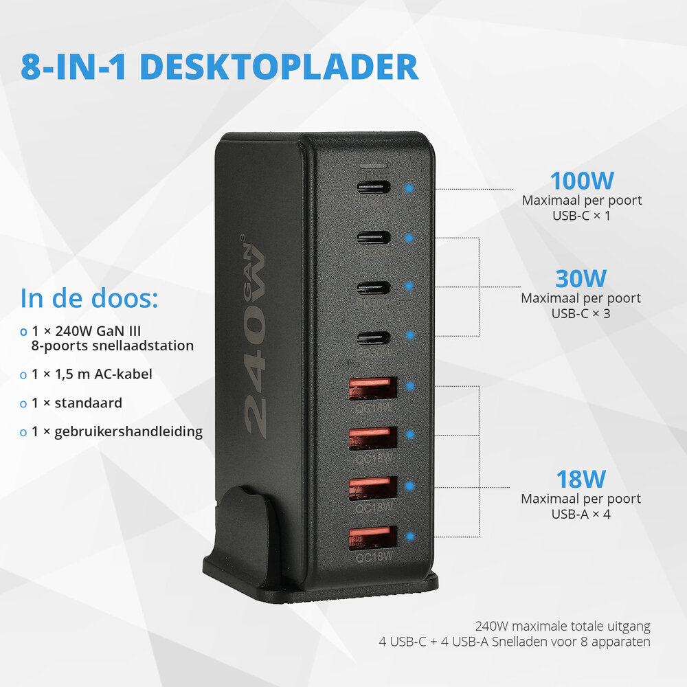 Discountershop Snellader 240W GaN III – 8-Poorts USB-C Oplaadstation | Fast Charger voor MacBook, iPhone 15, Samsung S24 | PD Charger | USB Hub met Voeding & Snelladen Discountershop Snellader 240W GaN III – 8-Poorts USB-C Oplaadstation | Fast Charger voor MacBook, iPhone 15, Samsung S24 | PD Charger | USB Hub met Voeding & Snelladen