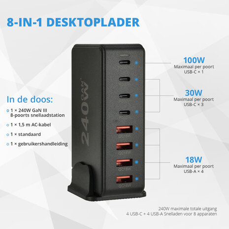 Discountershop 240W GaN III Fast Charger – 8-Port USB-C Charging Station | PD Charger for MacBook, iPhone 15, Samsung S24 | USB Hub with Power Supply | Compact & Powerful Discountershop 240W GaN III Fast Charger – 8-Port USB-C Charging Station | PD Charger for MacBook, iPhone 15, Samsung S24 | USB Hub with Power Supply | Compact & Powerful
