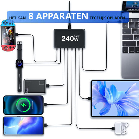 Discountershop Snellader 240W GaN III – 8-Poorts USB-C Oplaadstation | Fast Charger voor MacBook, iPhone 15, Samsung S24 | PD Charger | USB Hub met Voeding & Snelladen Discountershop Snellader 240W GaN III – 8-Poorts USB-C Oplaadstation | Fast Charger voor MacBook, iPhone 15, Samsung S24 | PD Charger | USB Hub met Voeding & Snelladen