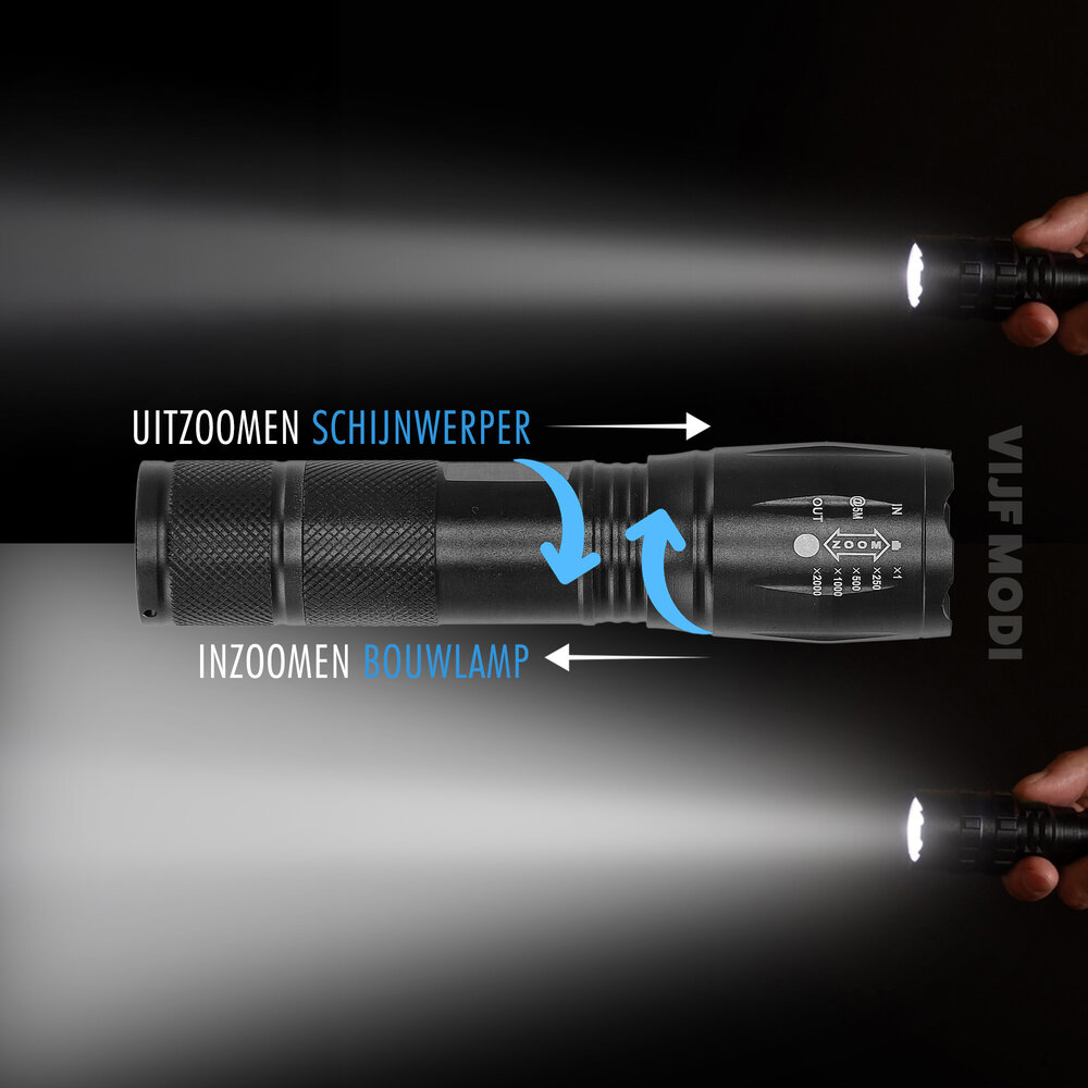 Discountershop Military Flashlight 2000 Lumens – Waterproof LED Flashlight with UV – 300m Range – 3 Modes – Tactical Flashlight on Batteries – Best Flashlight for Outdoor, Camping & Emergencies