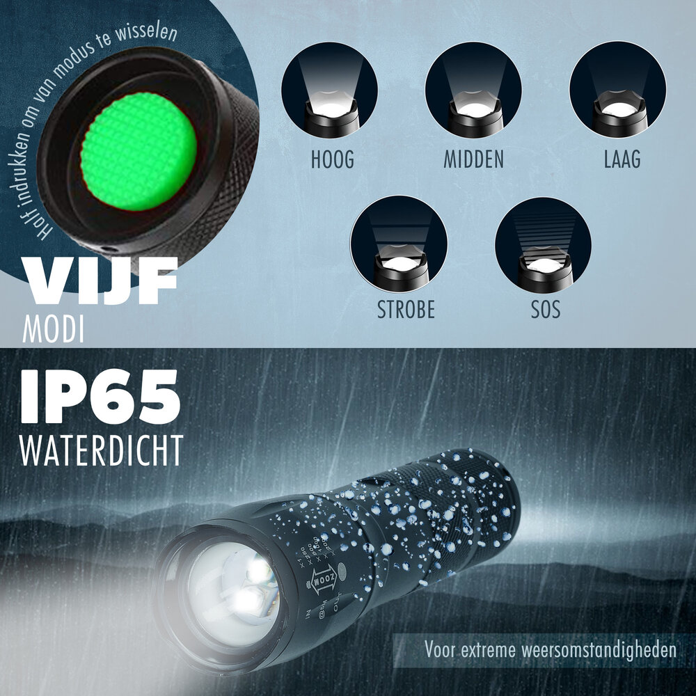 Discountershop Military Flashlight 2000 Lumens – Waterproof LED Flashlight with UV – 300m Range – 3 Modes – Tactical Flashlight on Batteries – Best Flashlight for Outdoor, Camping & Emergencies