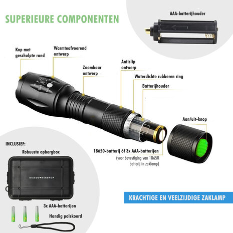 Discountershop Military Flashlight 2000 Lumens – Waterproof LED Flashlight with UV – 300m Range – 3 Modes – Tactical Flashlight on Batteries – Best Flashlight for Outdoor, Camping & Emergencies