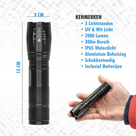 Discountershop Military Flashlight 2000 Lumens – Waterproof LED Flashlight with UV – 300m Range – 3 Modes – Tactical Flashlight on Batteries – Best Flashlight for Outdoor, Camping & Emergencies