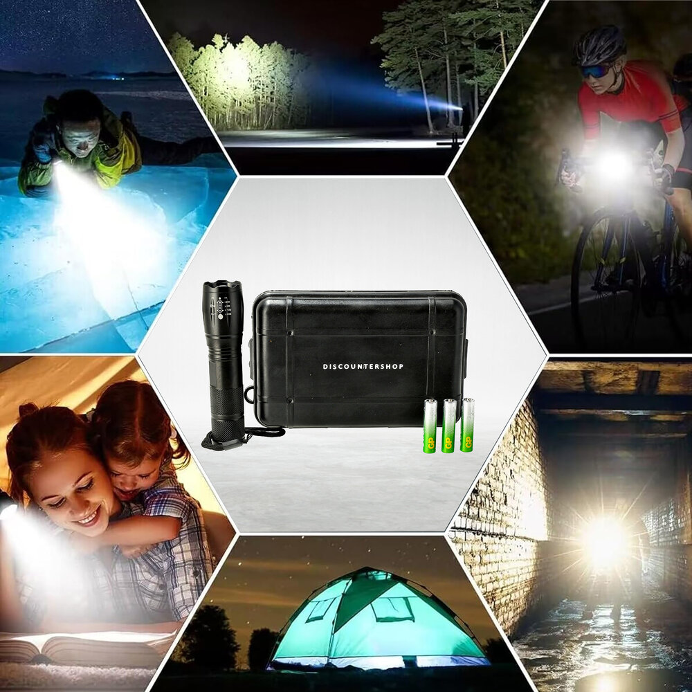 Discountershop Military Flashlight 2000 Lumens – Waterproof LED Flashlight with UV – 300m Range – 3 Modes – Tactical Flashlight on Batteries – Best Flashlight for Outdoor, Camping & Emergencies