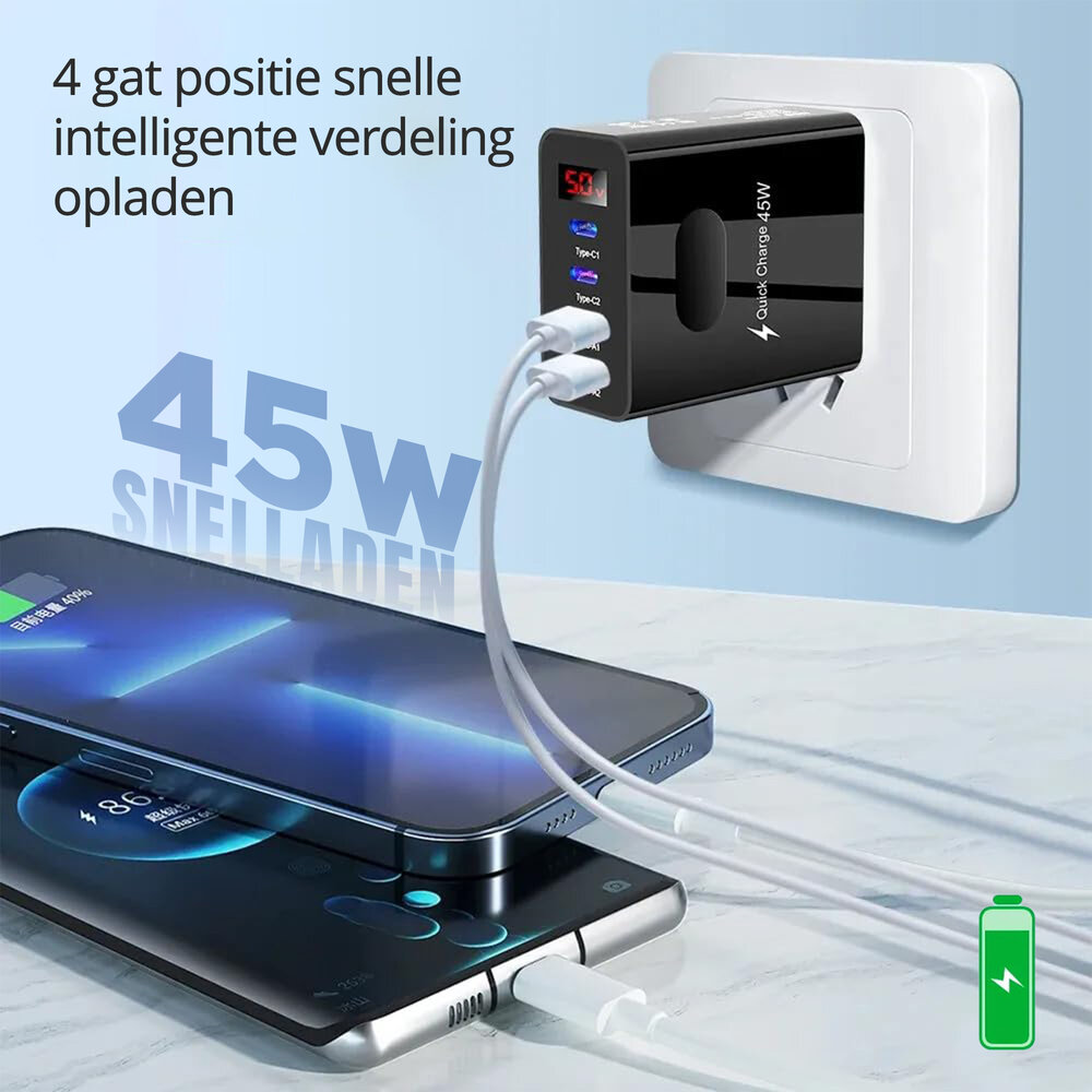 Discountershop Samsung & iPhone Snellader 45W - 2x USB-C & 2x USB-A | Universele Snelle Oplader voor Smartphones, Tablets, iPads, Android & Laptops - Zwart Discountershop Samsung & iPhone Snellader 45W - 2x USB-C & 2x USB-A | Universele Snelle Oplader voor Smartphones, Tablets, iPads, Android & Laptops - Zwart