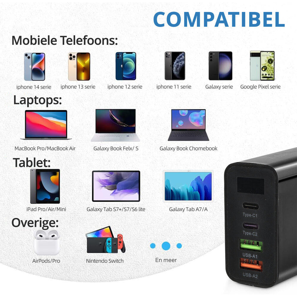 Discountershop Samsung & iPhone Snellader 45W - 2x USB-C & 2x USB-A | Universele Snelle Oplader voor Smartphones, Tablets, iPads, Android & Laptops - Zwart Discountershop Samsung & iPhone Snellader 45W - 2x USB-C & 2x USB-A | Universele Snelle Oplader voor Smartphones, Tablets, iPads, Android & Laptops - Zwart