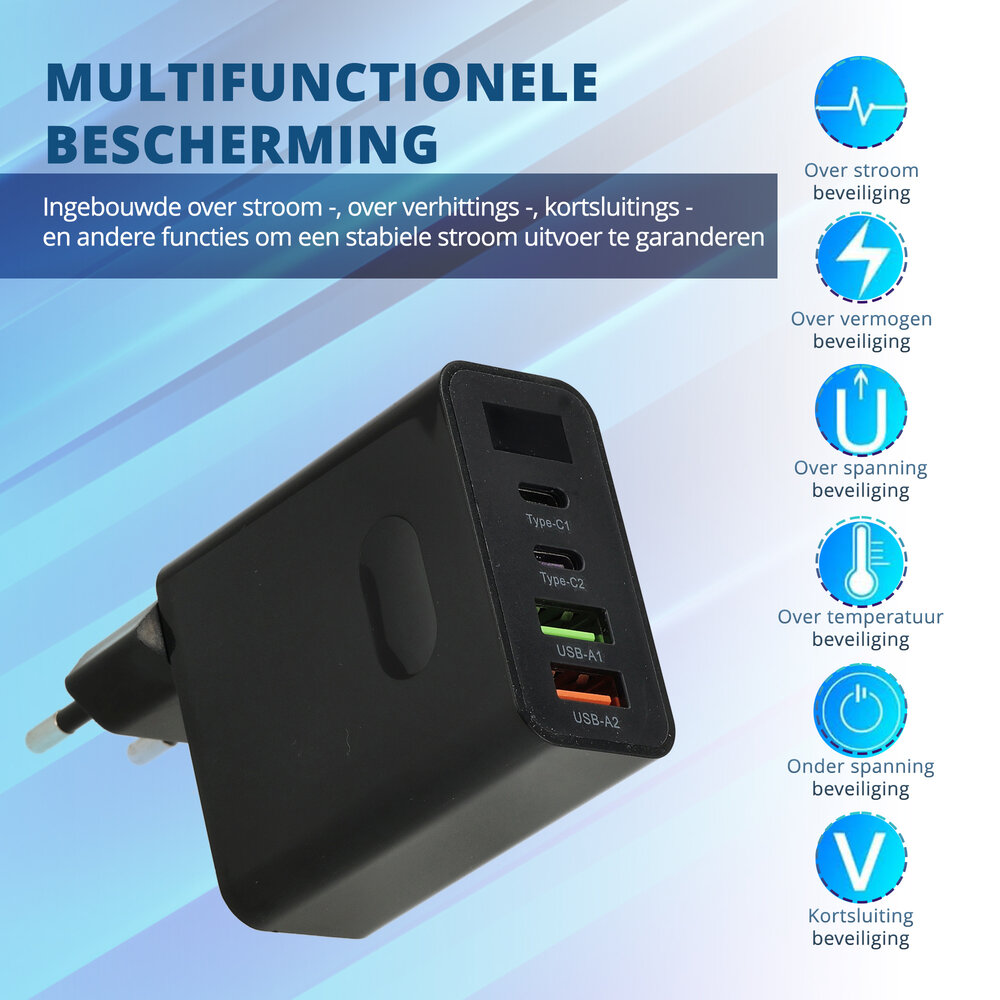 Discountershop Samsung & iPhone Snellader 45W - 2x USB-C & 2x USB-A | Universele Snelle Oplader voor Smartphones, Tablets, iPads, Android & Laptops - Zwart Discountershop Samsung & iPhone Snellader 45W - 2x USB-C & 2x USB-A | Universele Snelle Oplader voor Smartphones, Tablets, iPads, Android & Laptops - Zwart